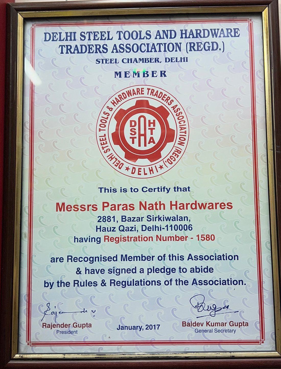 Membership Certificate — Delhi Steel Tools and Hardware Traders Association (Regd.), Registration No. 1580